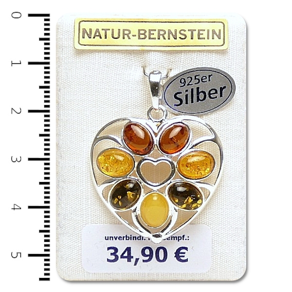 Natur-Bernstein Amber Ketten Anhänger Herz an 925 Silber Öse multi colour 90157