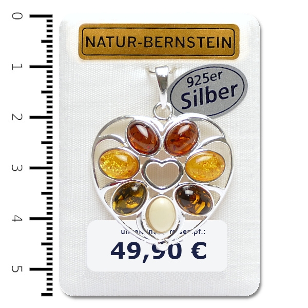 Natur-Bernstein Amber Ketten Anhänger Herz an 925 Silber Öse multi colour 90157