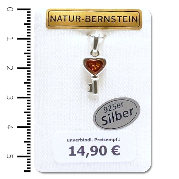 Natur-Bernstein Ketten Anhänger Herz Schlüssel gefasst in 925 Silber 90352