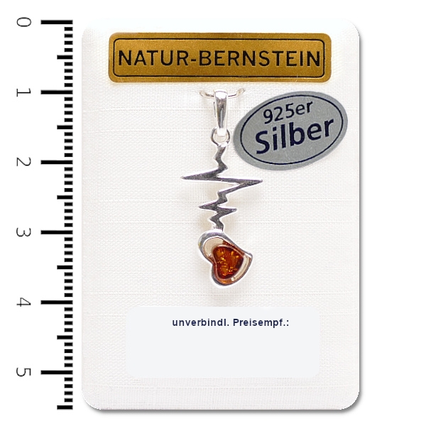 Natur-Bernstein Ketten Anhänger Herz Puls gefasst in 925 Silber 90410