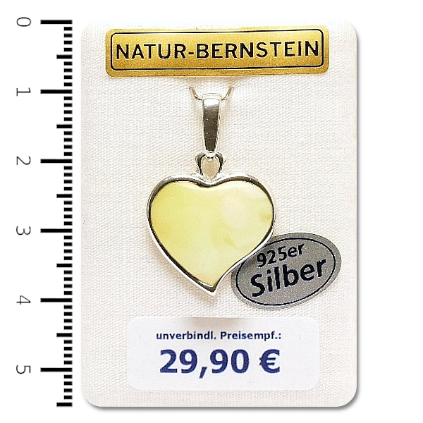 Natur-Bernstein Ketten Anhänger Herz milchig gefasst in 925 Silber 90611m