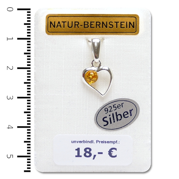 Natur-Bernstein Ketten Anhänger Herz gefasst in 925 Silber Herzrahmen "S" 90613