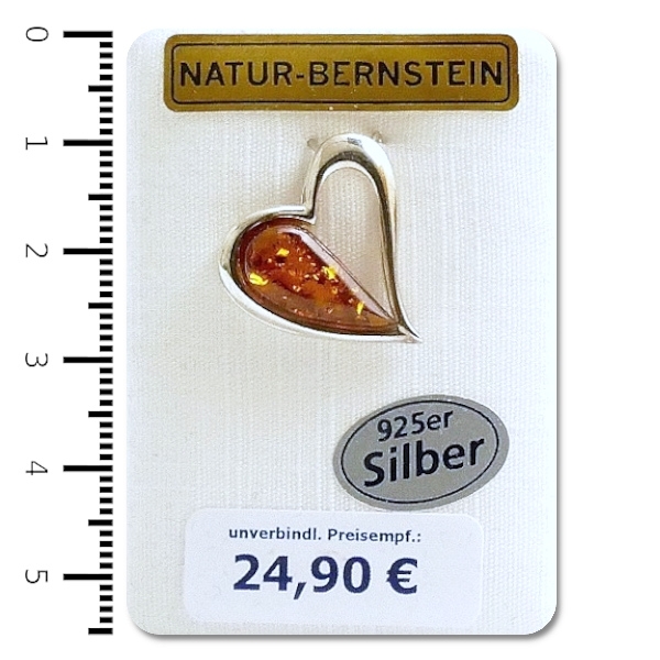 Natur-Bernstein Ketten Anhänger Herz gefasst in 925 Silber 90813