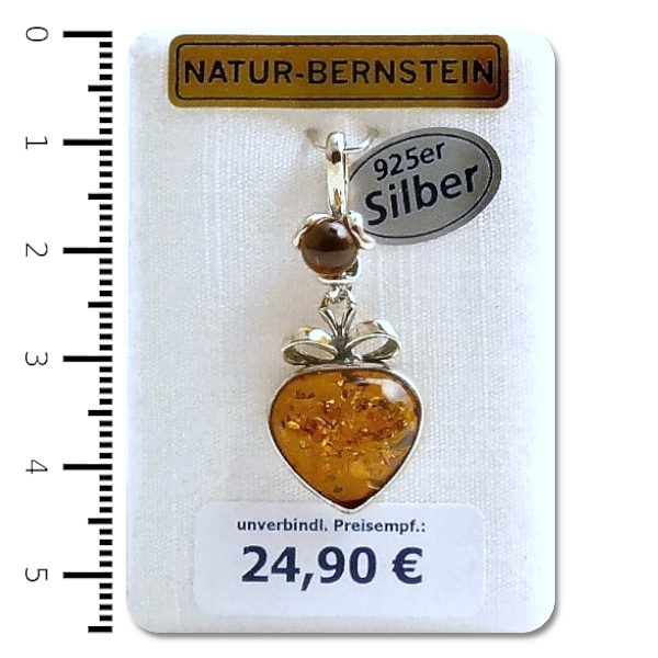 Natur-Bernstein Ketten Anhänger Herz gefasst in 925 Silber 90814