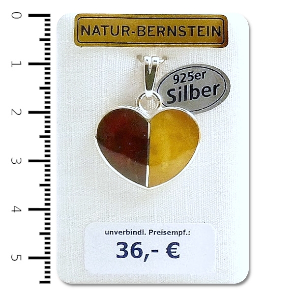 Natur-Bernstein Ketten Anhänger Herz zwei farbig gefasst in 925 Silber 90816