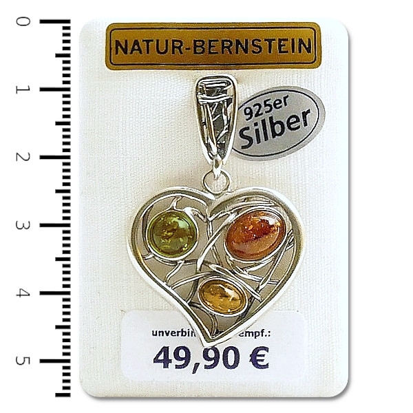 Natur-Bernstein Ketten Anhänger Herz drei Farben gefasst in 925 Silber 90821