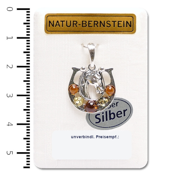 Natur-Bernstein Anhänger 'Pferdekopf' 925er Silber, multicolor