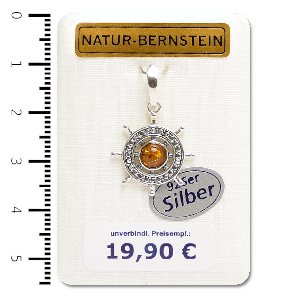 Natur-Bernstein Anhänger 'Steuerrad' 925er Silber, cognac
