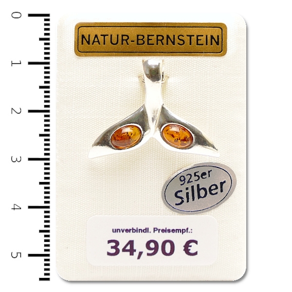 Natur-Bernstein Anhänger 'Flosse' 925er Silber, cognac