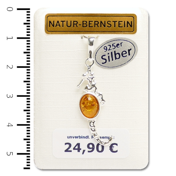 Natur-Bernstein Anhänger 'Seepferd' 925er Silber, cognac