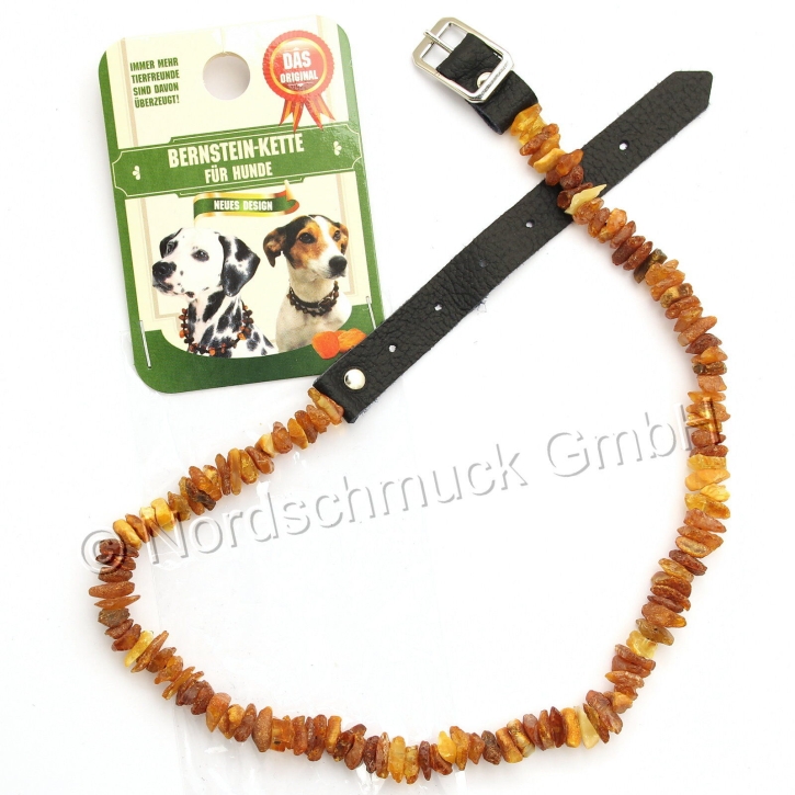 Bernsteinkette Hund Katze Bernstein roh Hundekette Halsband raw amber mit Lederverschluß, 'L' ca. 44-52 cm