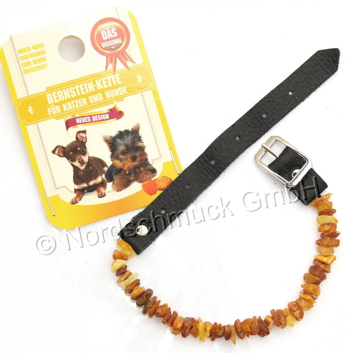 Bernsteinkette Hund Katze Bernstein roh Hundekette Halsband raw amber mit Lederverschluß, 'XS' ca. 20-28 cm