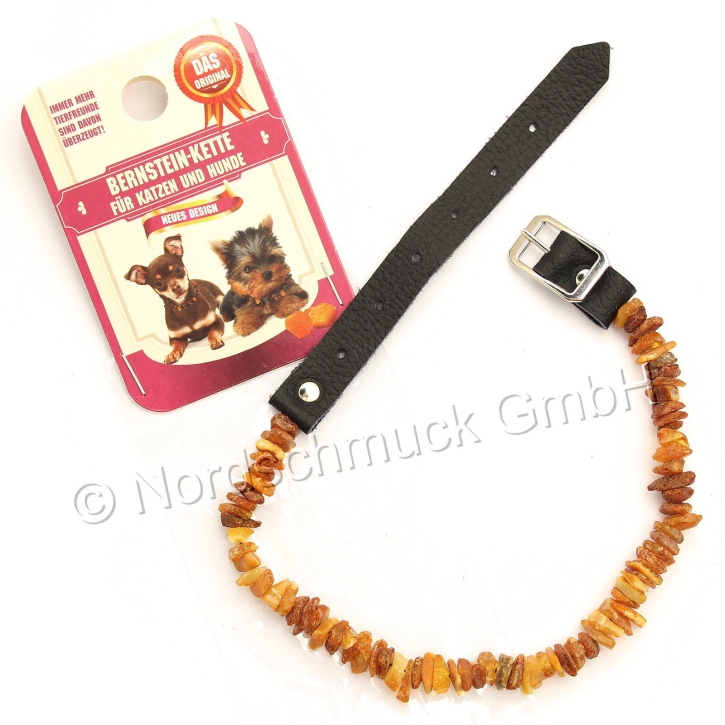 Bernsteinkette Hund Katze Bernstein roh Hundekette Halsband raw amber mit Lederverschluß, 'S' ca. 28-36 cm